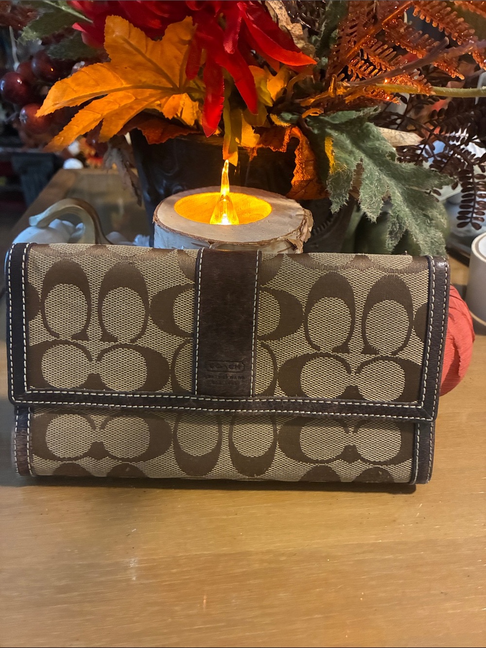 Coach Brown Signature Canvas Fold Wallet with Dark Leather Trim